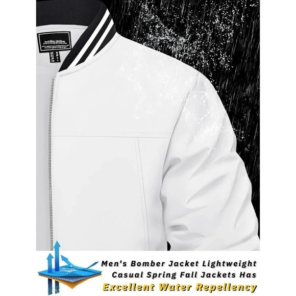 ❤️ Men's Bomber Jacket Lightweight Casual Spring Fall Windbreaker Zip Coat-White - Picture 2 of 8